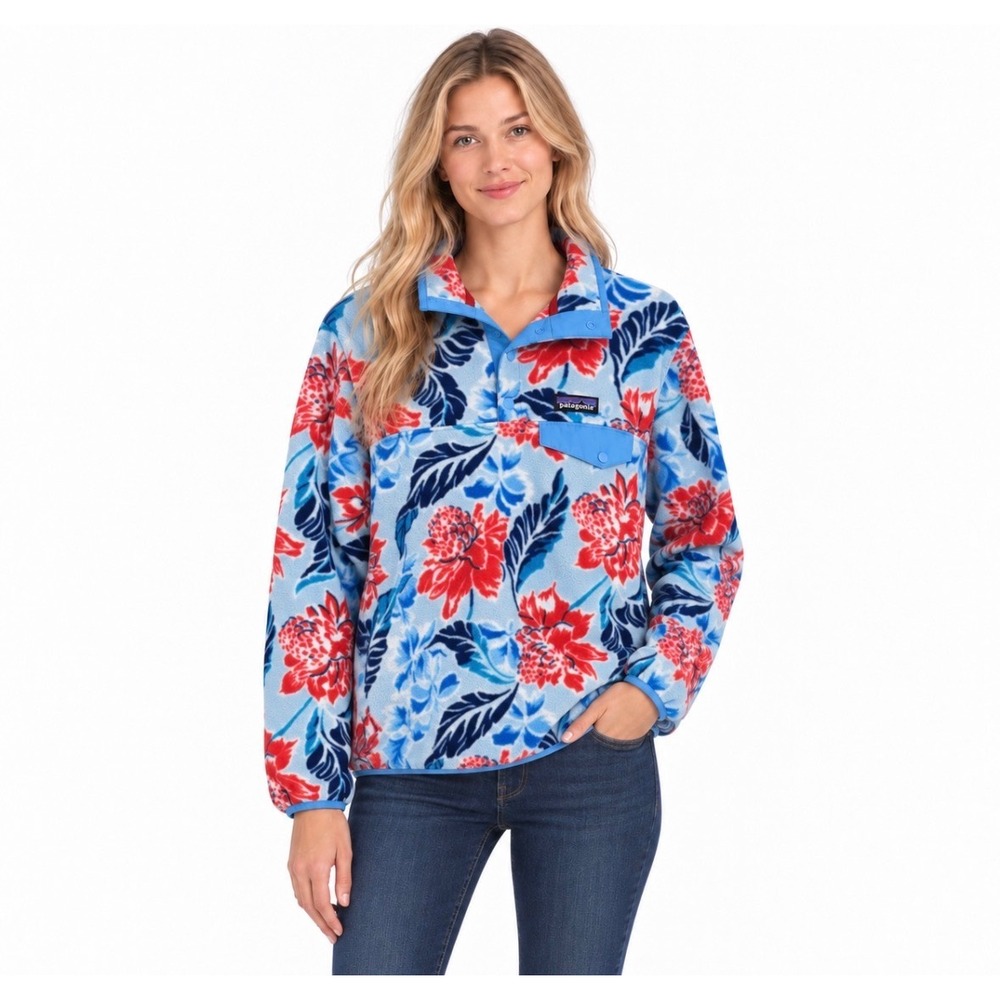 Patagonia Synchilla Lightweight Snap-T Pullover Fleece Women M Floral Blue Red